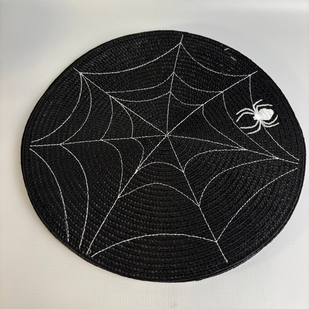 Halloween Spider Web Woven Round Placemats Black White Set of 4 Gothic Decor 13"